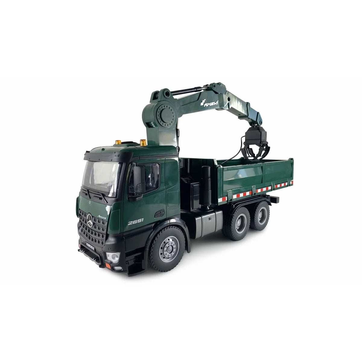 Amewi Mercedes-Benz Arocs Kranwagen mit Kipper grün 22568 im Maßstab 1:14 Baumaschine RTR – Seitenansicht