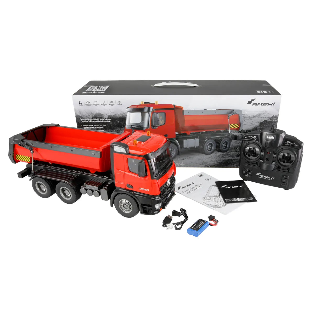 Amewi Mercedes-Benz Arocs Muldenkipper 6x4 Rot 22407 im Maßstab 1:14 Baumaschine RTR – Lieferumfang und Zubehör
