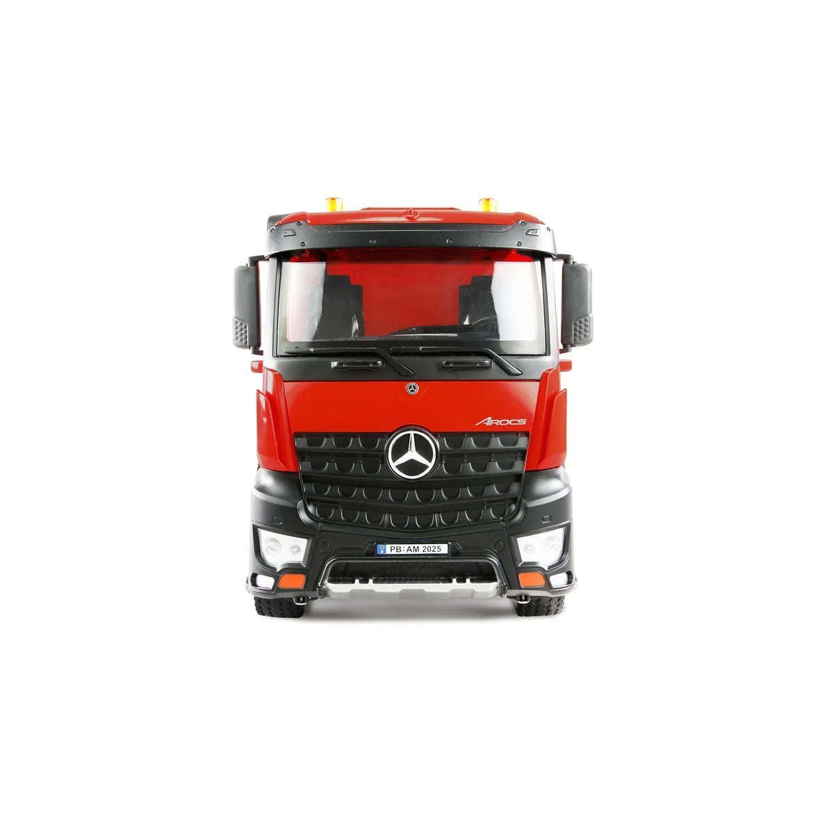 Amewi Mercedes-Benz Arocs Muldenkipper 8x4/4 4WD rot 22693 im Maßstab 1:18 Baumaschine RTR – Frontansicht