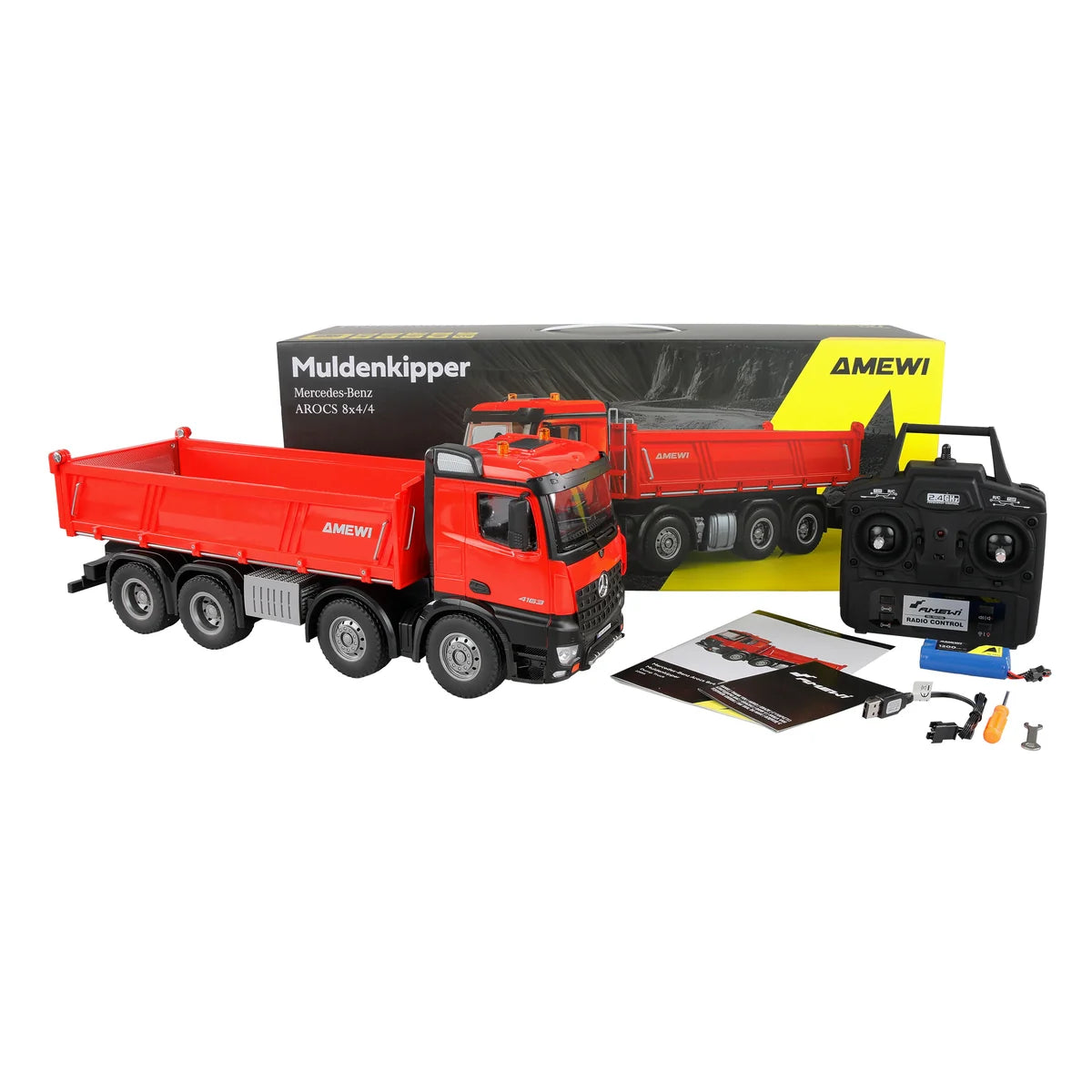Amewi Mercedes-Benz Arocs Muldenkipper 8x4/4 4WD rot 22693 im Maßstab 1:18 Baumaschine RTR – Lieferumfang und Zubehör
