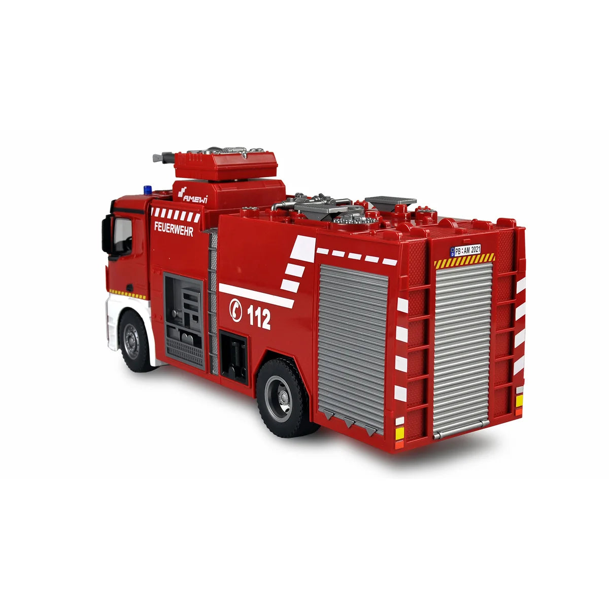 Amewi Mercedes-Benz Feuerwehr Löschfahrzeug 22503 im Maßstab 1:18 Onroad RTR – Seitenansicht mit Löschaufbau und Sirene oben