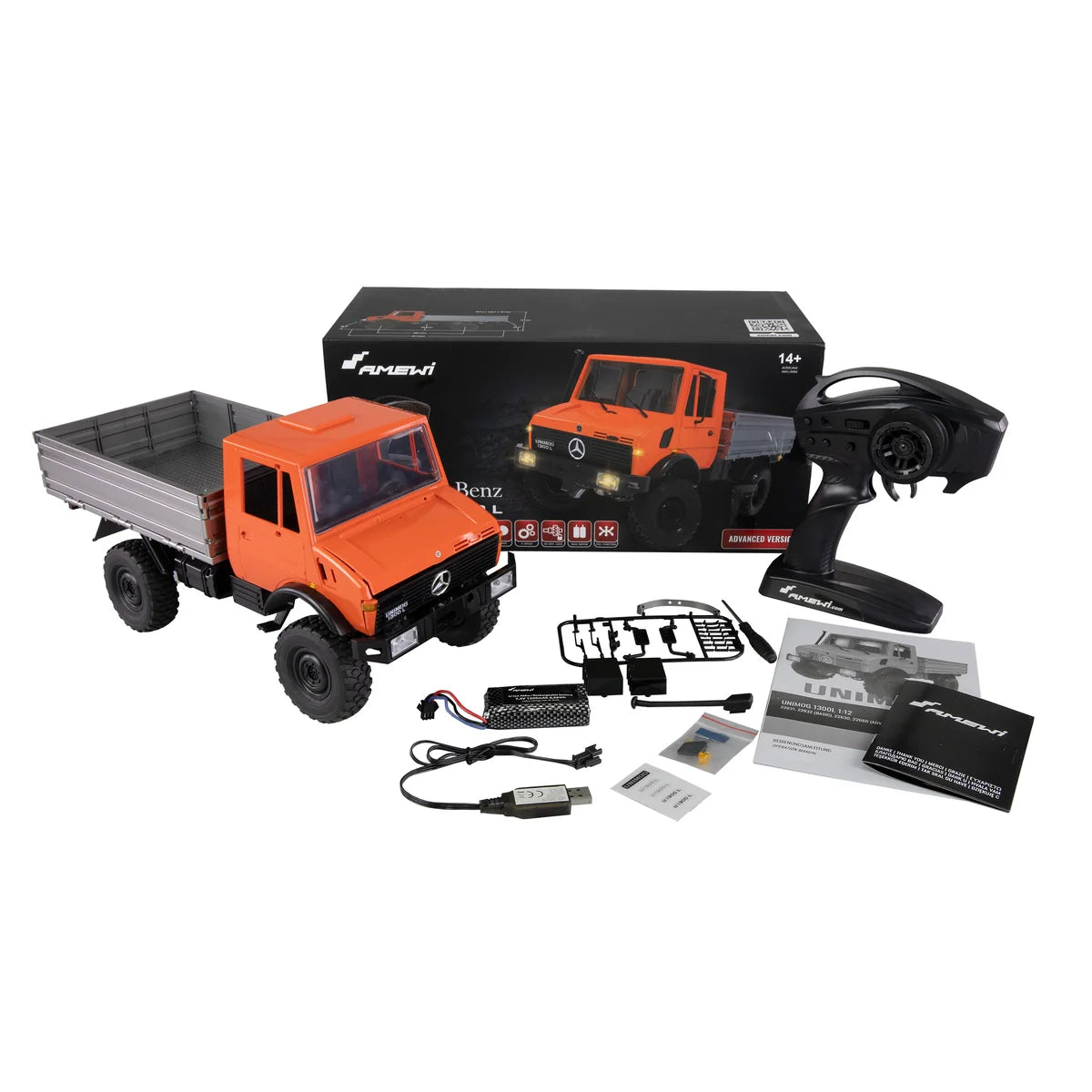 Amewi Mercedes-Benz Unimog Advanced 4WD Orange 22630 im Maßstab 1:12 Truck RTR – Lieferumfang und Zubehör