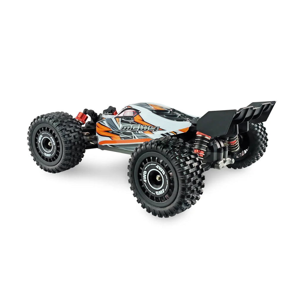Amewi MEW4 Buggy brushless 4WD 22654 im Maßstab 1:16 Buggy RTR – Seitenansicht mit orangeschwarzer Karosserie und Reifen