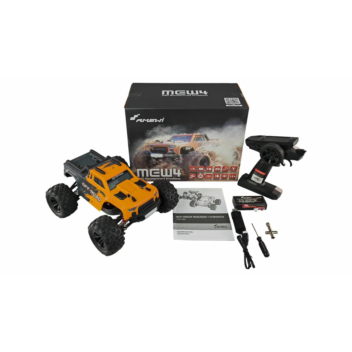 Amewi MEW4 Monstertruck brushless 4WD 22653 im Maßstab 1:16 Monster Truck RTR – Lieferumfang und Zubehör