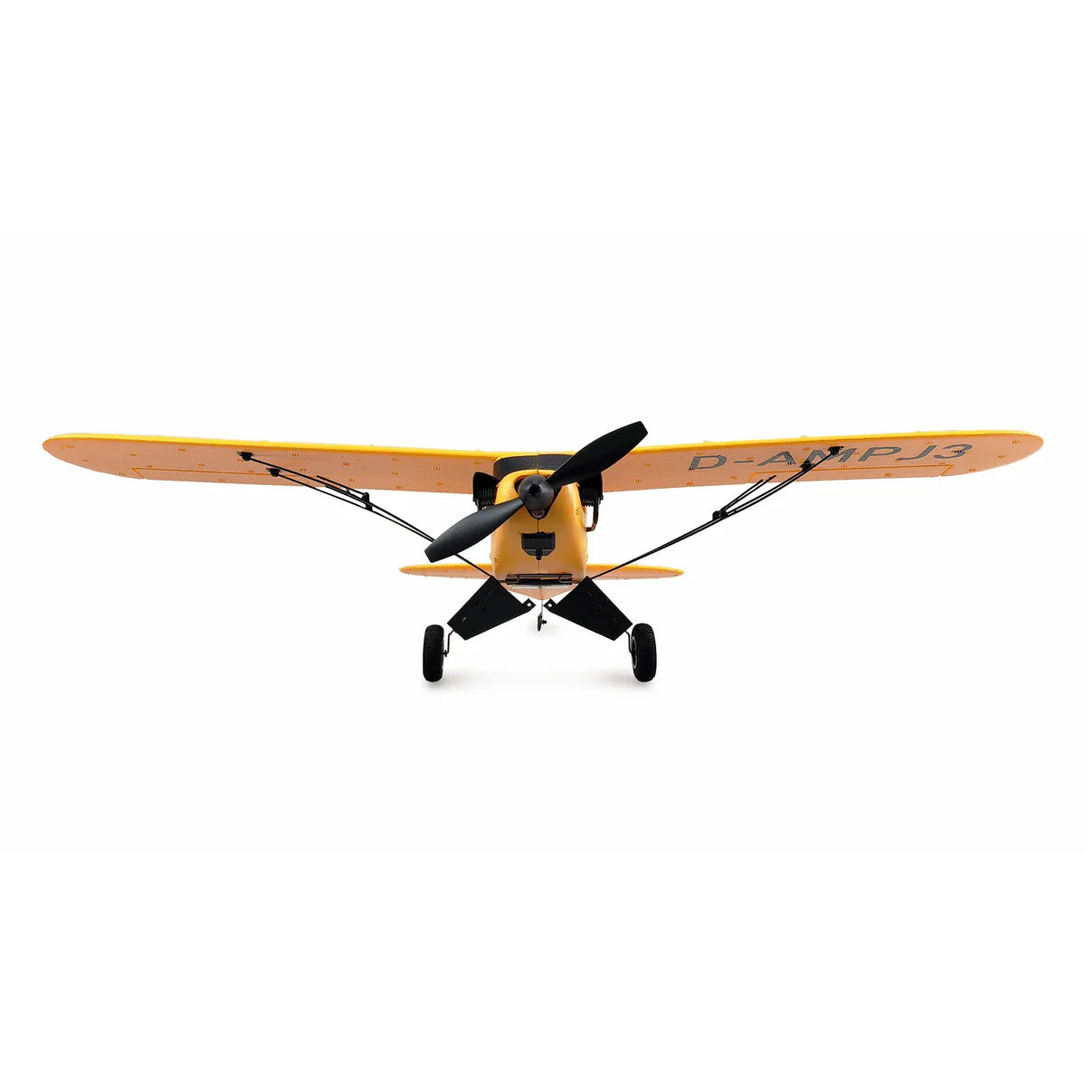 Amewi Piper J-3 Cup mit Gyro 3-Kanal gelb 24142 Flugzeug BNF – Draufsicht mit gelben Tragflächen und schwarzem Fahrwerk