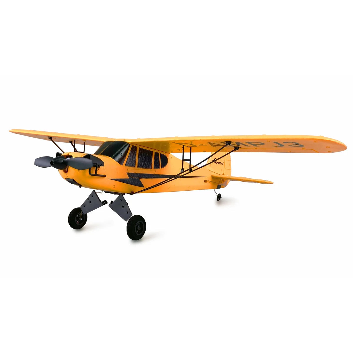 Amewi Piper J-3 Cup mit Gyro 3-Kanal gelb 24142 Flugzeug BNF – Seitenansicht mit Fahrwerk und Propeller