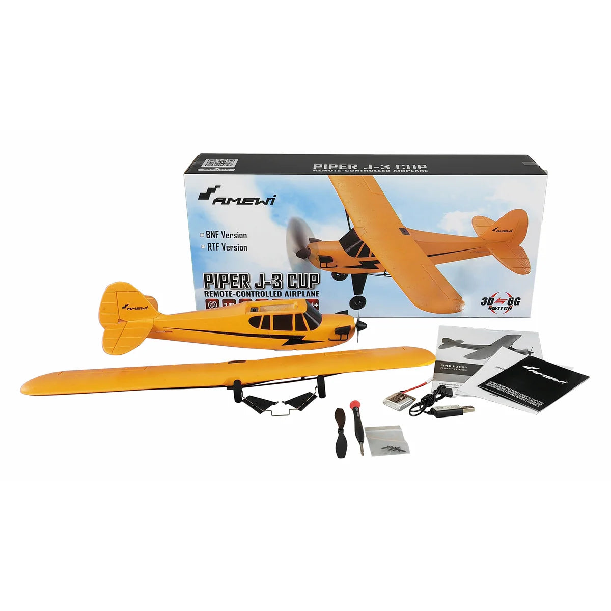 Amewi Piper J-3 Cup mit Gyro 3-Kanal gelb 24142 Flugzeug BNF – Lieferumfang und Zubehör