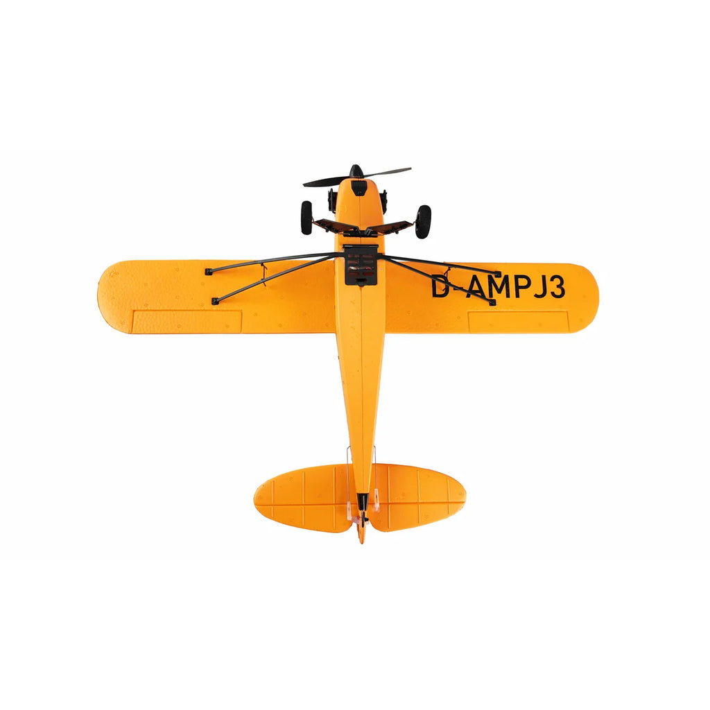 Amewi Piper J-3 Cup mit Gyro 3-Kanal gelb 24107 Flugzeug RTF – Draufsicht gelbes Flugzeug von oben, Registrierung sichtbar