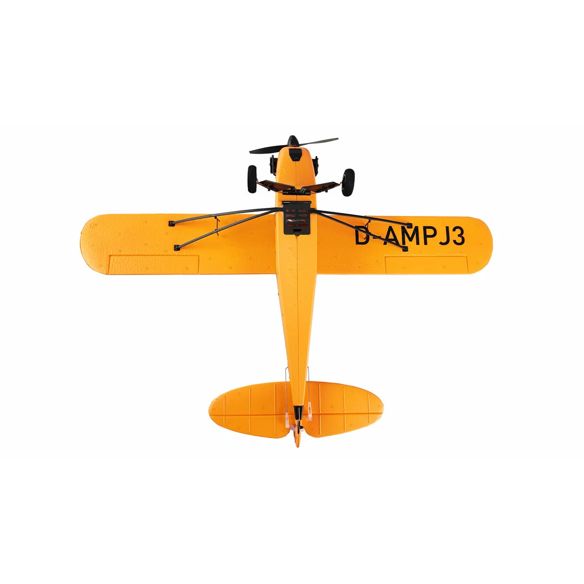 Amewi Piper J-3 Cup mit Gyro 3-Kanal gelb 24107 Flugzeug RTF – Draufsicht gelbes Flugzeug von oben, Registrierung sichtbar