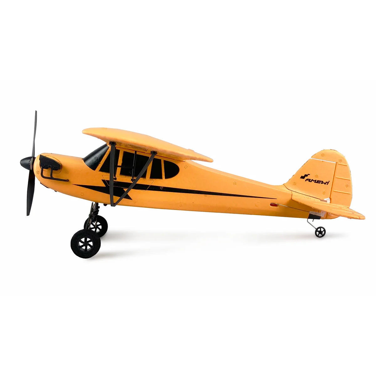 Amewi Piper J-3 Cup mit Gyro 3-Kanal gelb 24107 Flugzeug RTF – Seitenansicht mit Propeller, Fahrwerk und gelber Lackierung