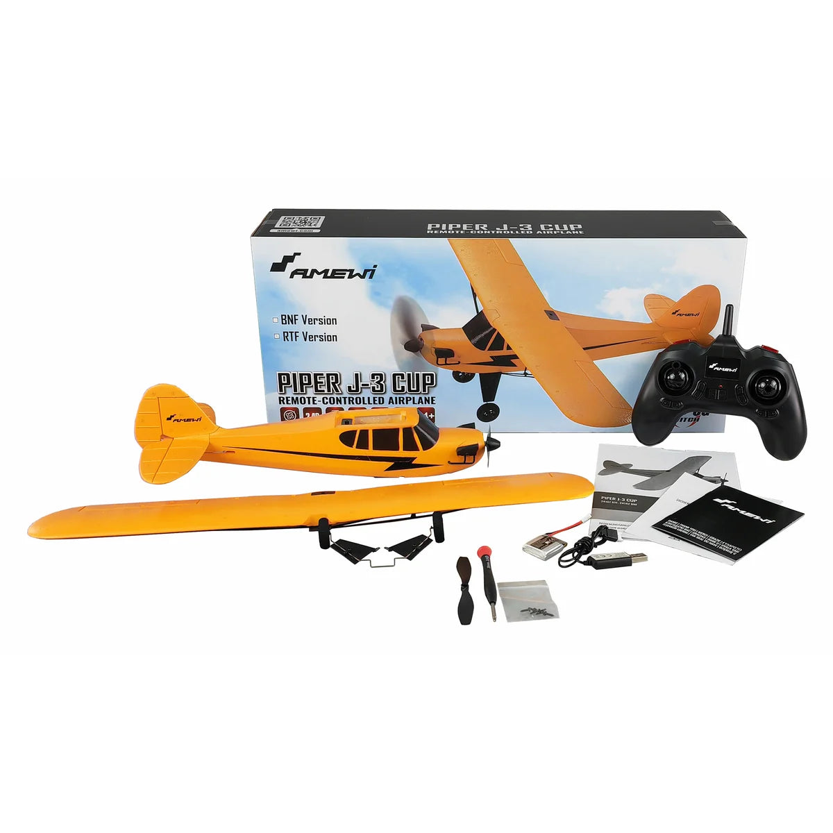 Amewi Piper J-3 Cup mit Gyro 3-Kanal gelb 24107 Flugzeug RTF – Lieferumfang und Zubehör