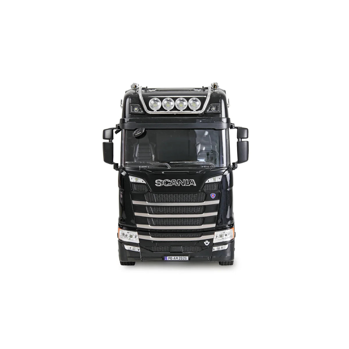 Amewi Scania 770 S Zugmaschine 6x4 Schwarz 22760 im Maßstab 1:18 Truck RTR – Frontansicht mit Leuchtenbalken und Scania-Grill