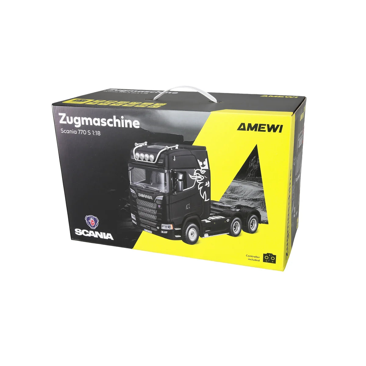 Amewi Scania 770 S Zugmaschine 6x4 Schwarz 22760 im Maßstab 1:18 Truck RTR – Verpackung Produktkarton mit Scania Zugmaschine
