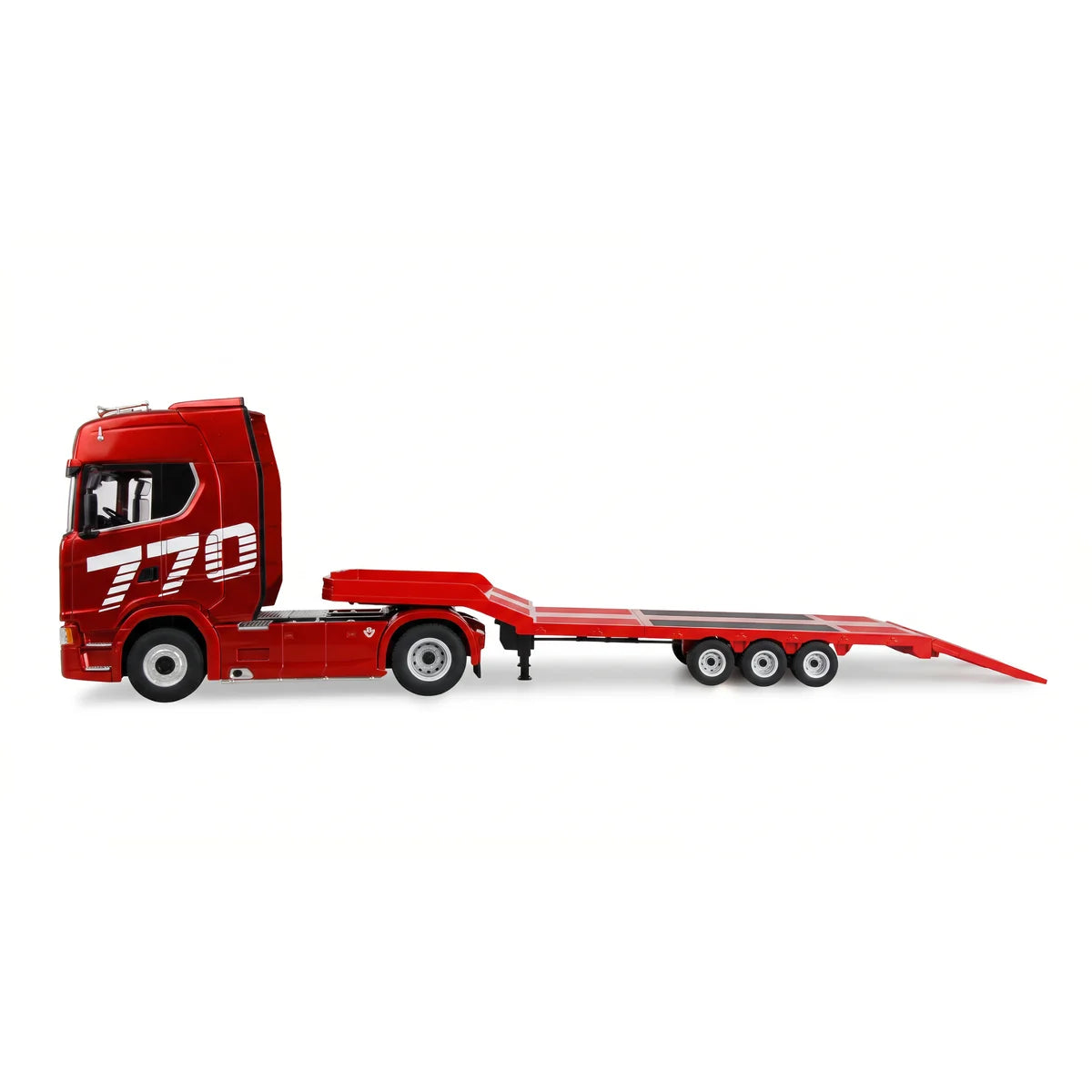 Amewi Scania 770 S Zugmaschine + Tieflader-Sattelauflieger 6x4 Rot 22775 im Maßstab 1:18 Baumaschine RTR – Seitenansicht
