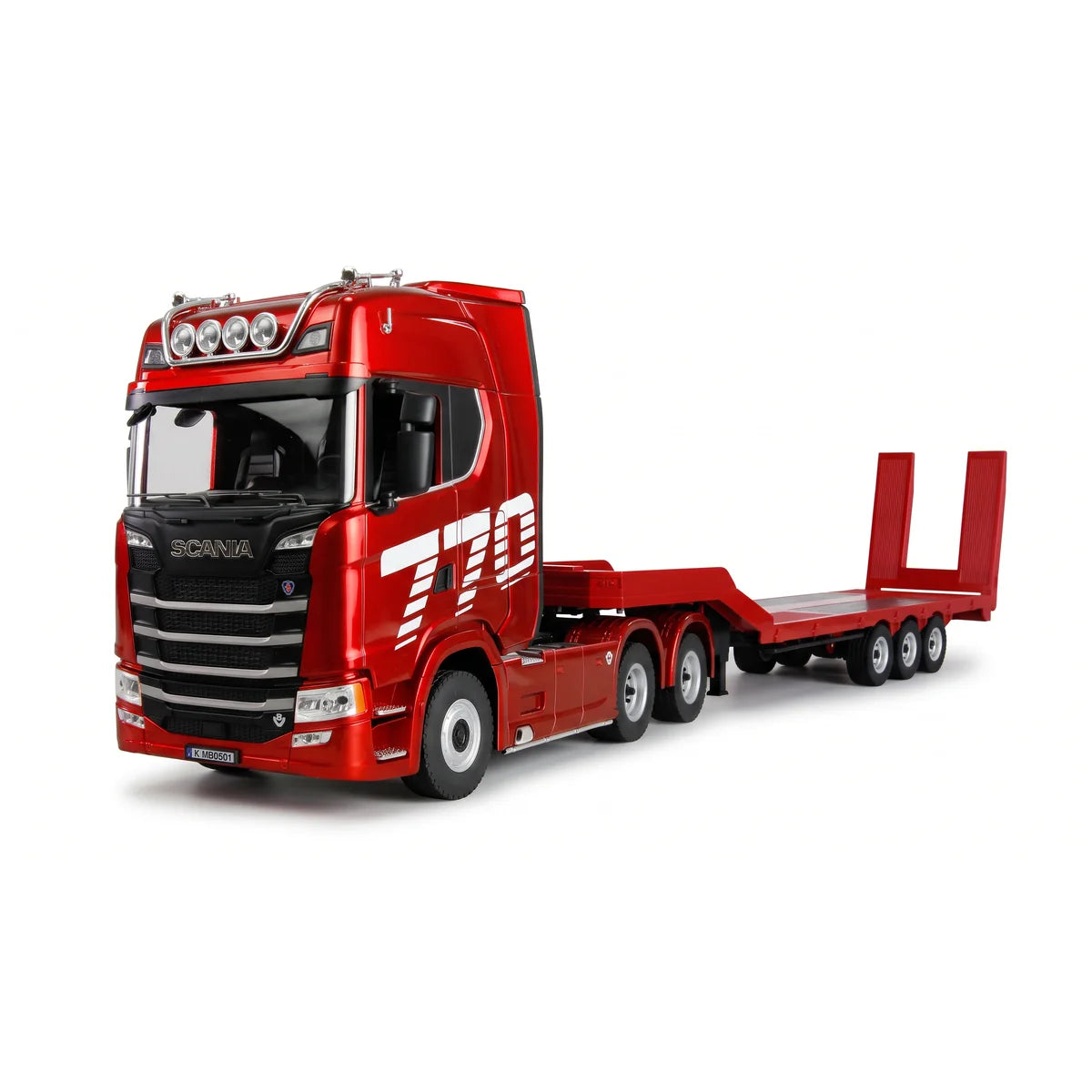Amewi Scania 770 S Zugmaschine + Tieflader-Sattelauflieger 6x4 Rot 22775 im Maßstab 1:18 Baumaschine RTR – Seitenansicht