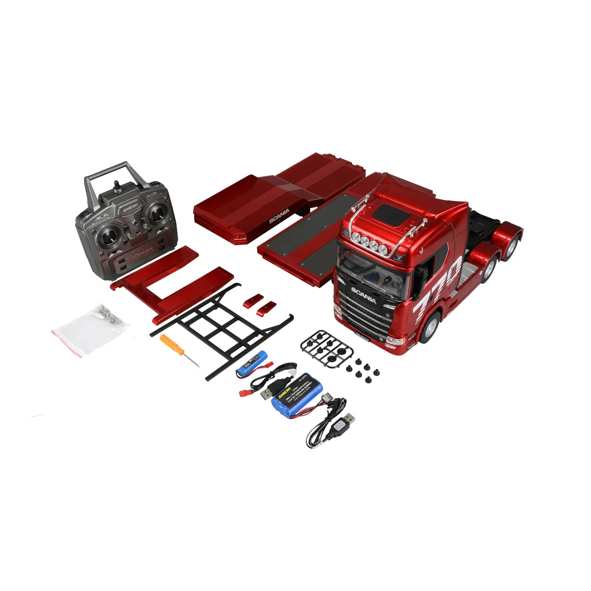 Amewi Scania 770 S Zugmaschine + Tieflader-Sattelauflieger 6x4 Rot 22775 im Maßstab 1:18 Baumaschine RTR – Lieferumfang und Zubehör