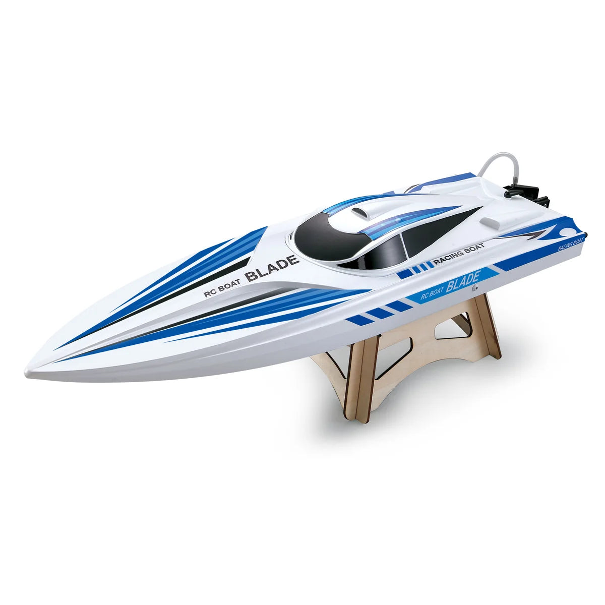 Amewi Speedboot Blade Mono 670mm 40km/h 26071 Speedboot RTR – Seitenansicht mit Ständer, blau-weißes Rennboot