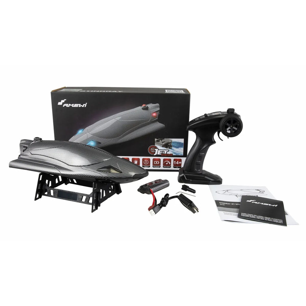 Amewi Stingray Speedboot mit Jetantrieb 335mm Carbon-Optik 26108 Jetboot RTR – Lieferumfang und Zubehör