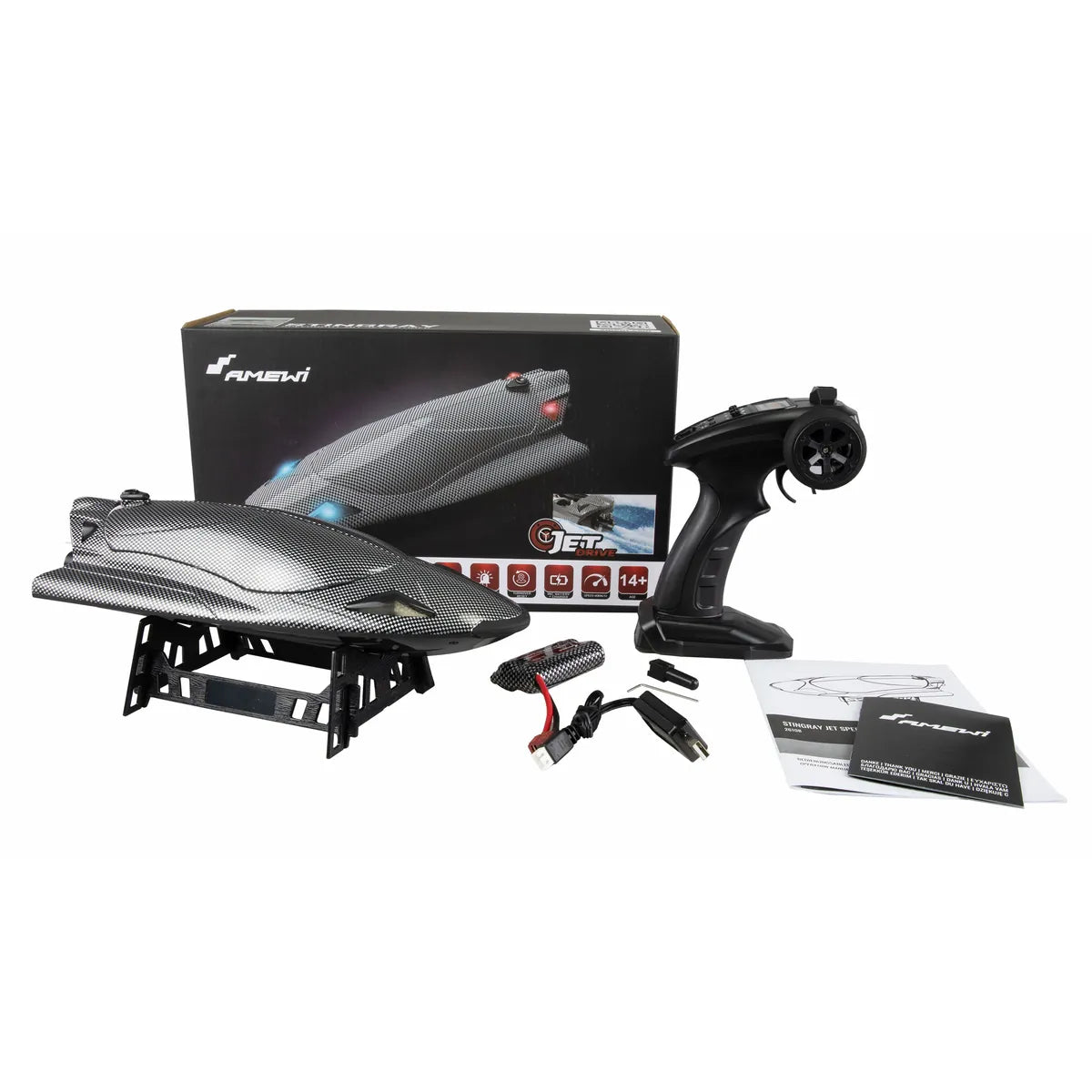 Amewi Stingray Speedboot mit Jetantrieb 335mm Carbon-Optik 26108 Jetboot RTR – Lieferumfang und Zubehör