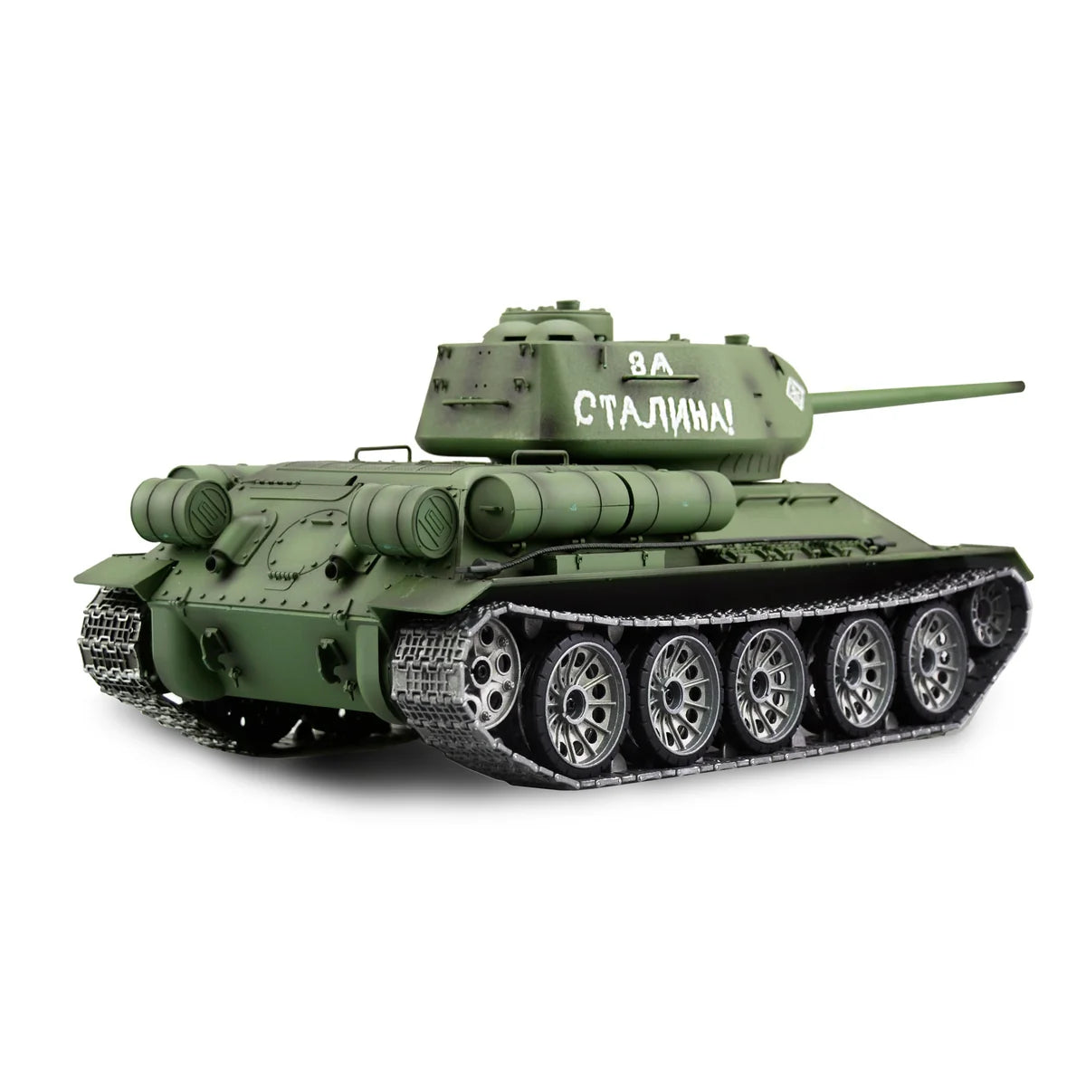 Amewi T-34/85 Professional Line IR/BB 23117 im Maßstab 1:16 Panzer RTR – Seitenansicht mit Kettenlaufwerk und Waffenrohren