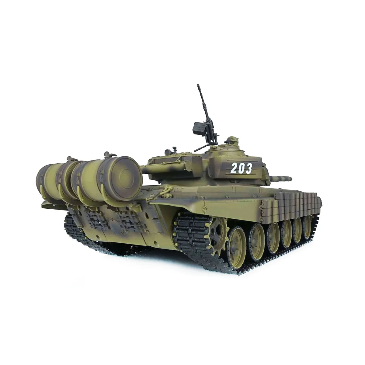 Amewi T-72 Advanced Line IR/BB 23120 im Maßstab 1:16 Panzer RTR – Seitenansicht mit Zusatzausrüstung und Raupenketten