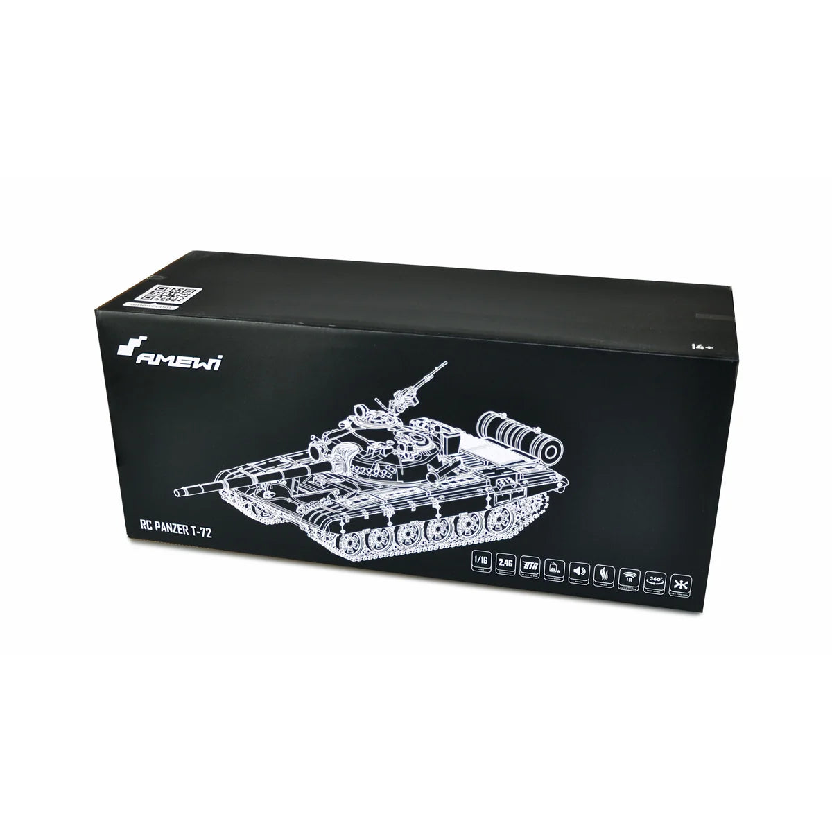 Amewi T-72 Advanced Line IR/BB 23120 im Maßstab 1:16 Panzer RTR – Verpackung Karton mit Panzer-Zeichnung und Spezifikationen