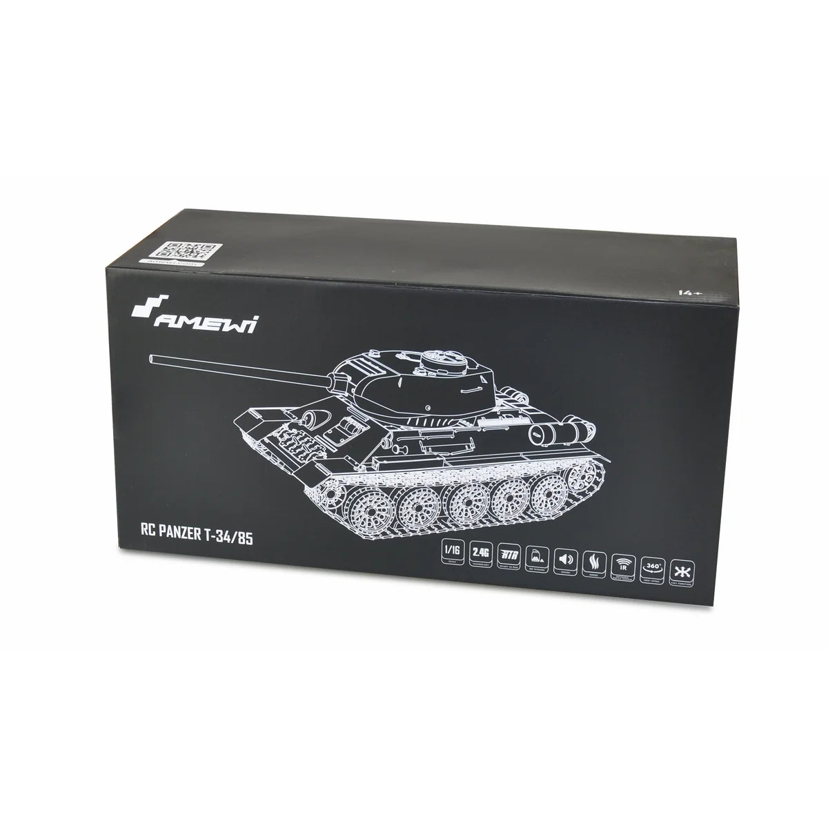 Amewi T34/85 Advanced Line II IR/BB 23116 im Maßstab 1:16 Panzer RTR – Verpackung Produktkarton mit Panzer-Zeichnung