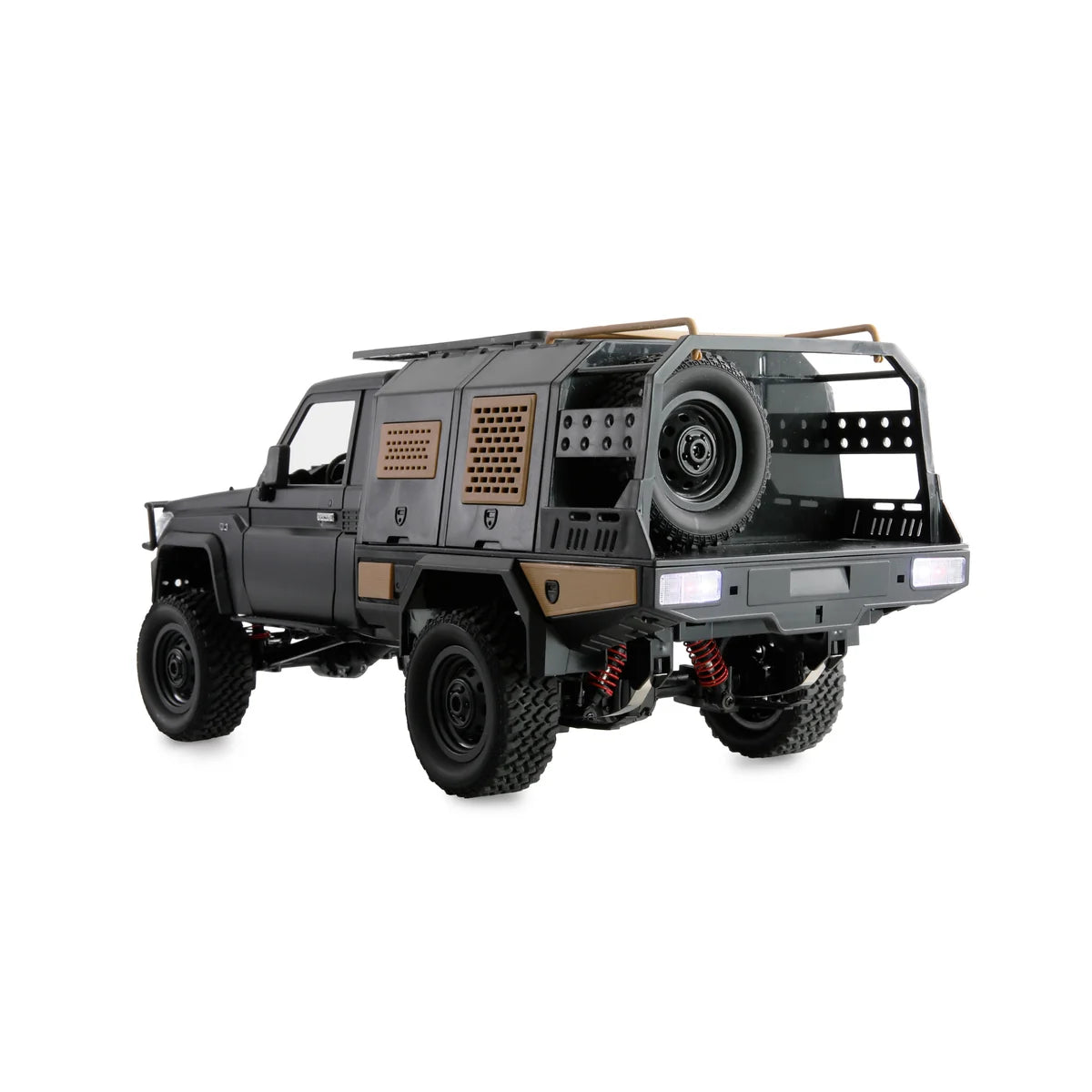 Amewi Toyota Land Cruiser Crawler 4WD 22706 im Maßstab 1:12 Crawler RTR – Rückansicht mit Aufbau, Reserverad und Heckleuchten