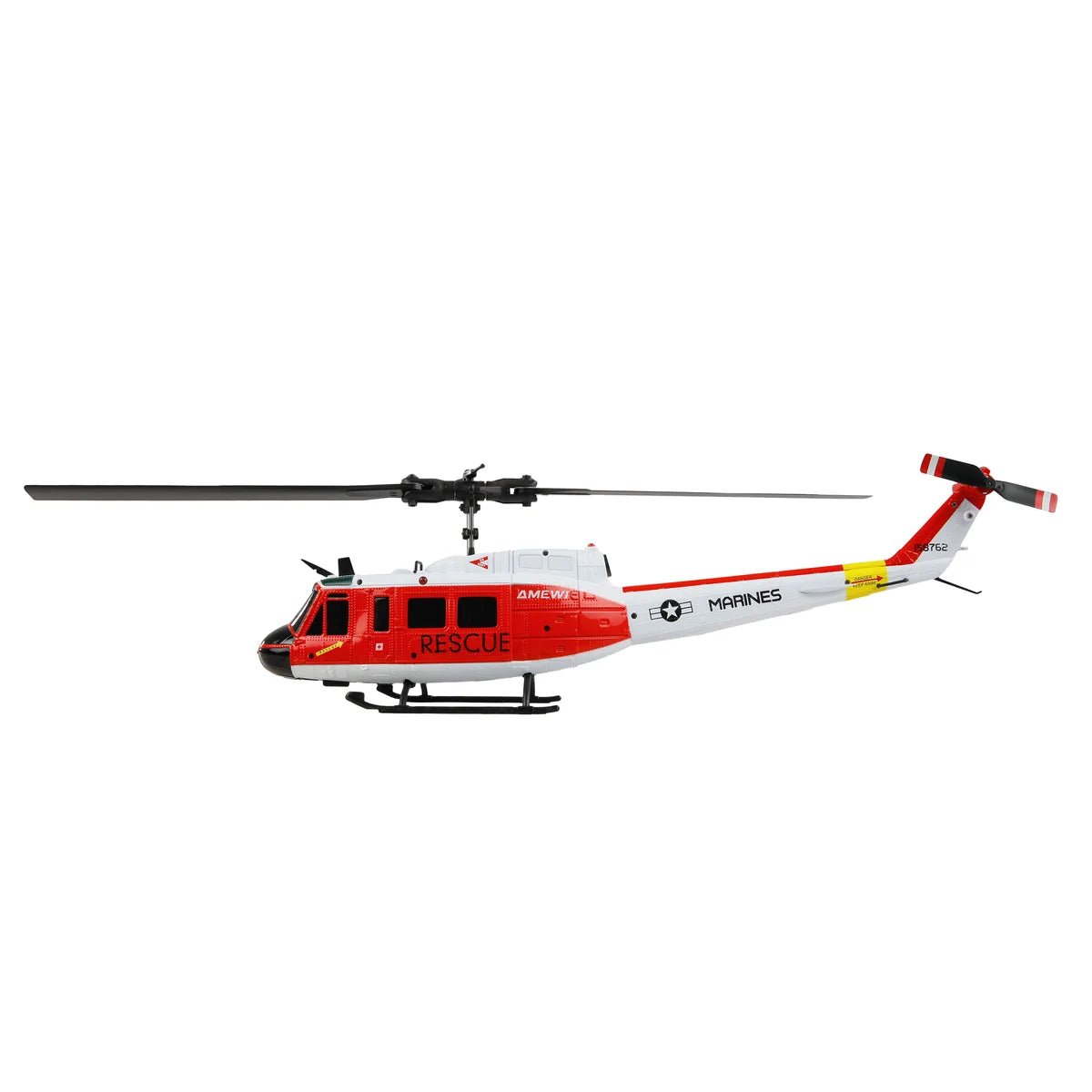 Amewi UH-1 Marine Brushless CP-Helikopter 6-Kanal 6G/3D 25356 Helikopter RTF – Seitenansicht mit Rotorblättern und Kufen