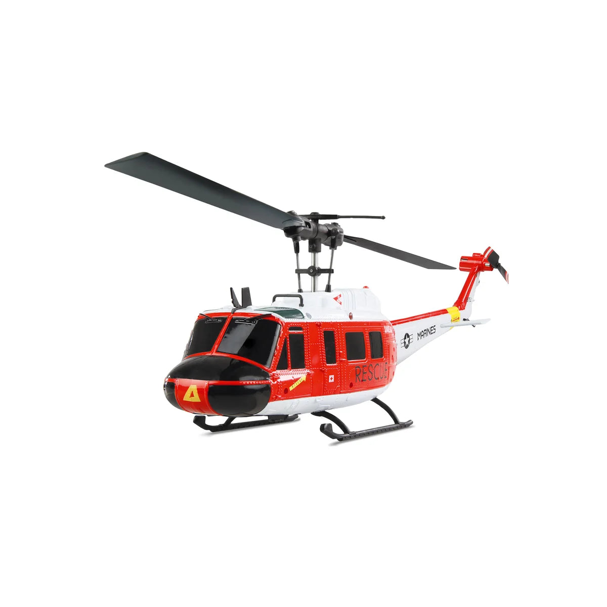 Amewi UH-1 Marine Brushless CP-Helikopter 6-Kanal 6G/3D 25356 Helikopter RTF – Seitenansicht mit Rotorblatt und Kufen