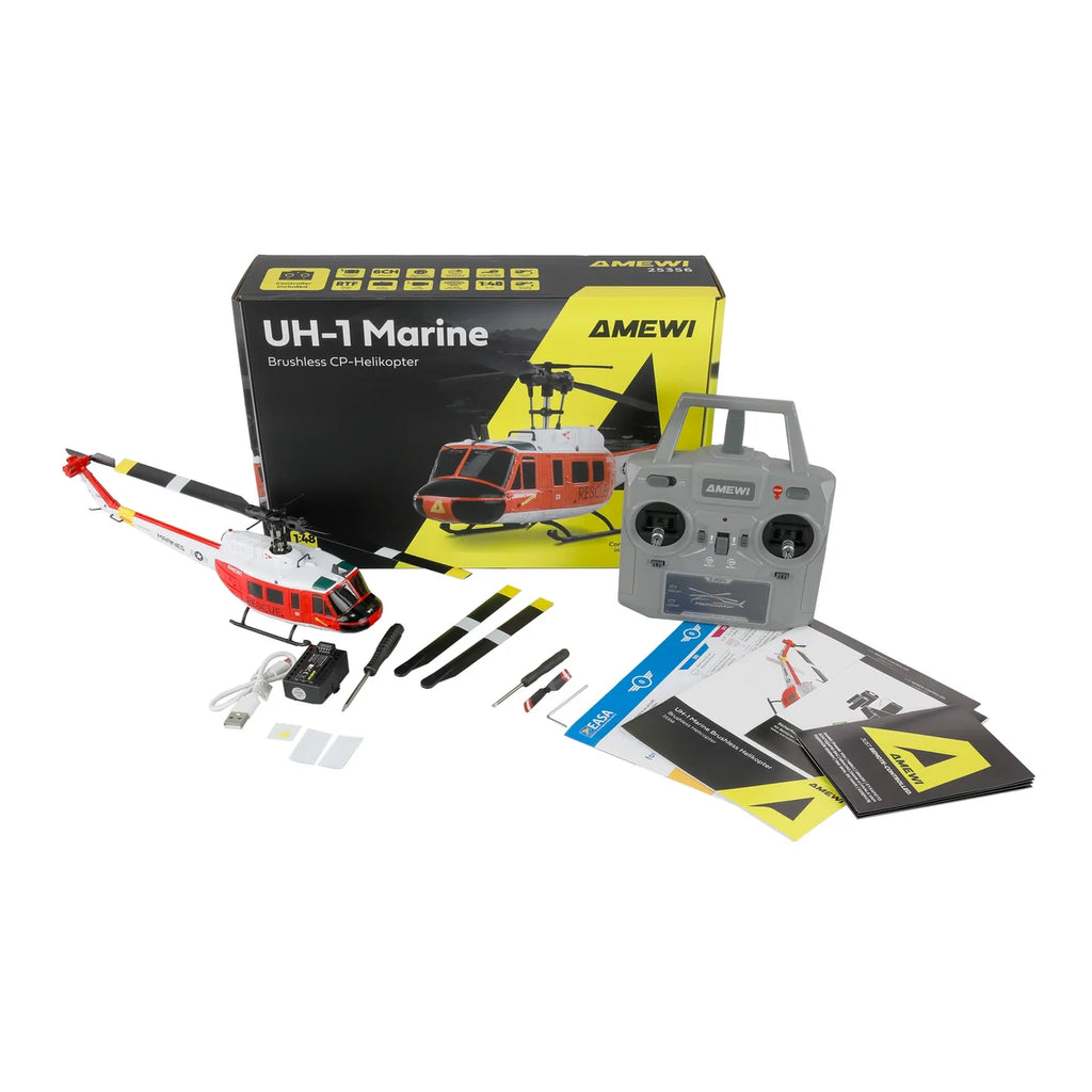 Amewi UH-1 Marine Brushless CP-Helikopter 6-Kanal 6G/3D 25356 Helikopter RTF – Lieferumfang und Zubehör