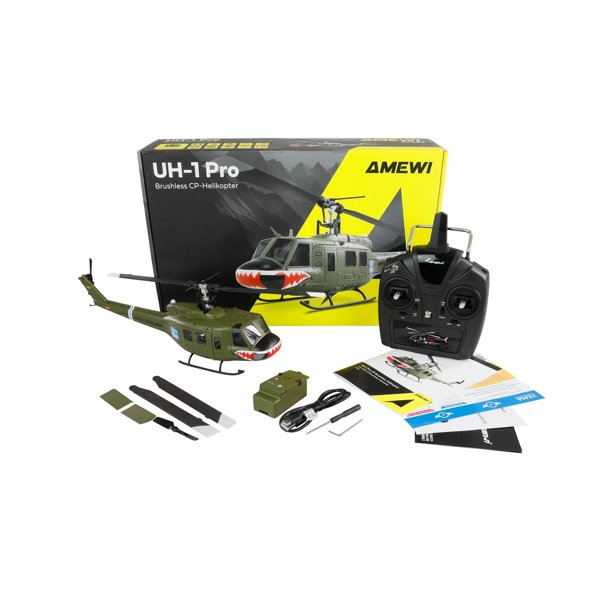 Amewi UH-1 PRO brushless CP-Helikopter 6-Kanal 6G 25352 im Maßstab 1:27 Helikopter RTF – Lieferumfang und Zubehör