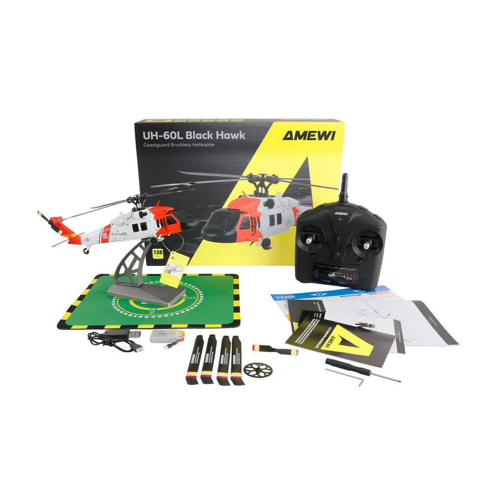 Amewi UH-60L Black Hawk Coastguard Brushless Helikopter 4-Kanal 6G 25357 Helikopter RTF – Lieferumfang und Zubehör