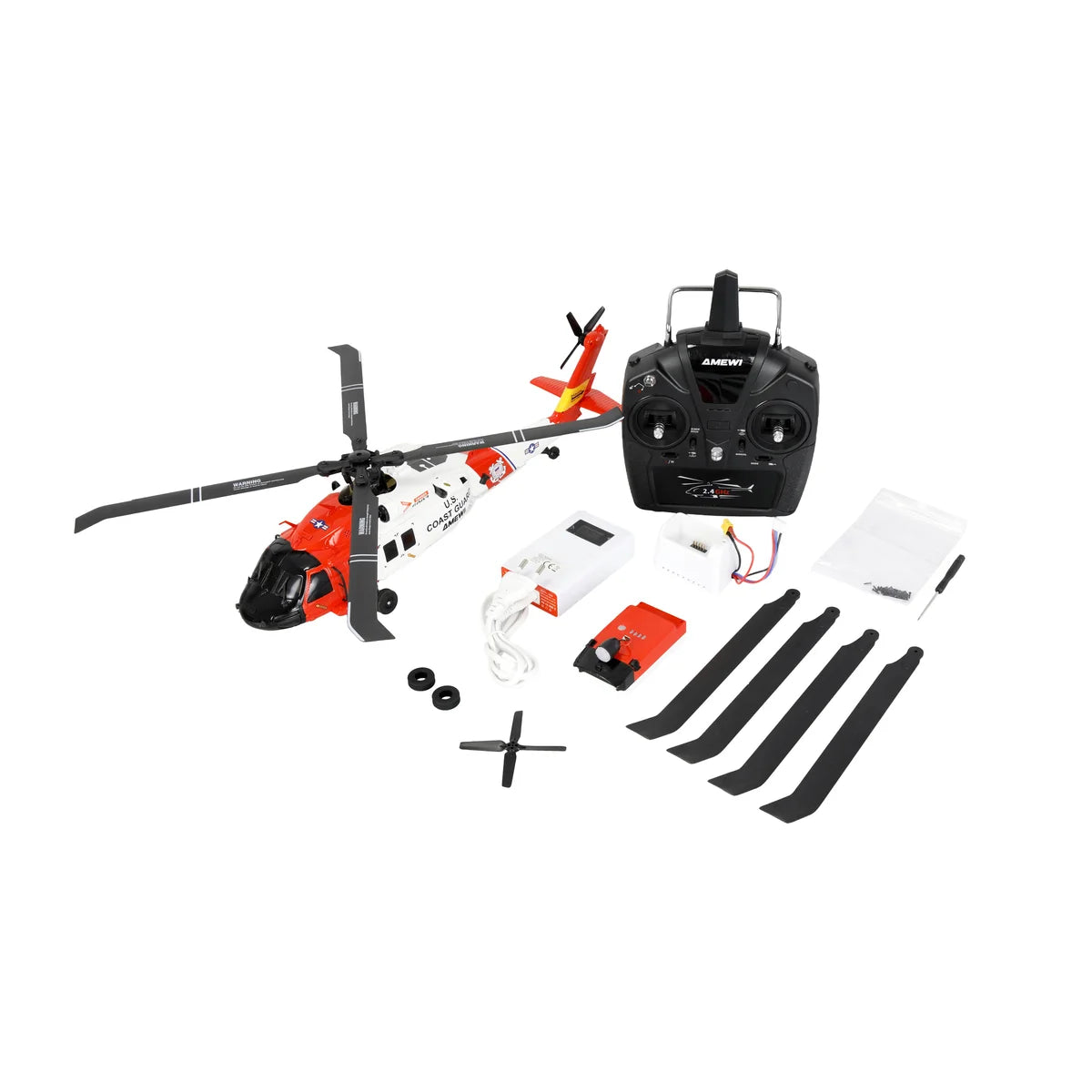 Amewi UH60 Black Hawk Coastguard Helikopter 6G/3D 25366 im Maßstab 1:47 Helikopter RTF – Lieferumfang und Zubehör