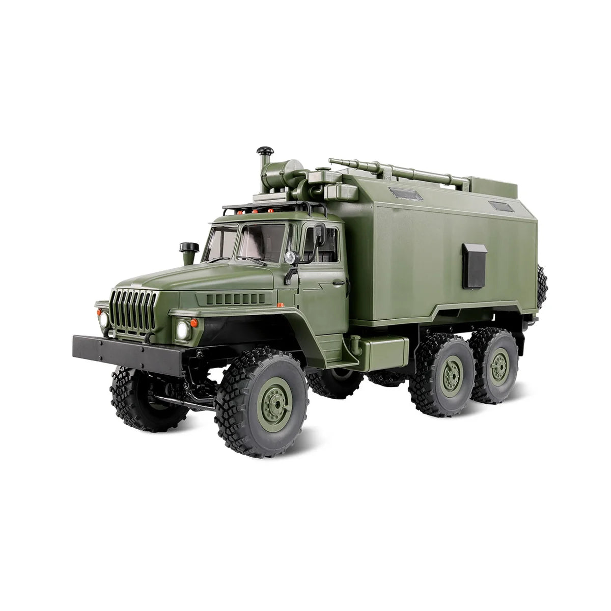 Amewi Ural B36 Militär Lkw 6WD grün 22371 im Maßstab 1:16 Truck RTR – Seitenansicht mit Aufbau, Rädern und Antenne