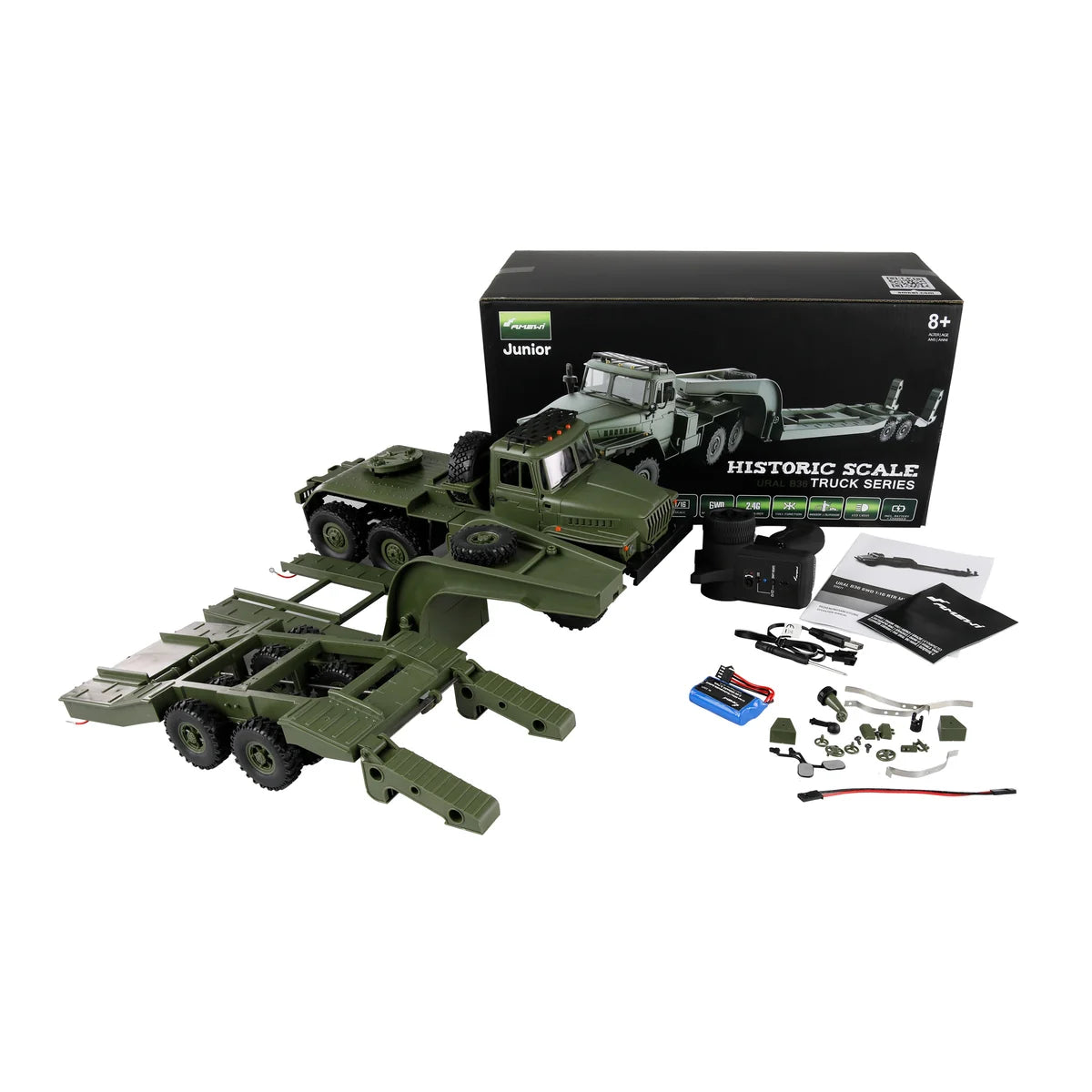Amewi Ural B36 Militär LKW 6WD mit Tieflader 22671 im Maßstab 1:16 Baumaschine RTR – Lieferumfang und Zubehör