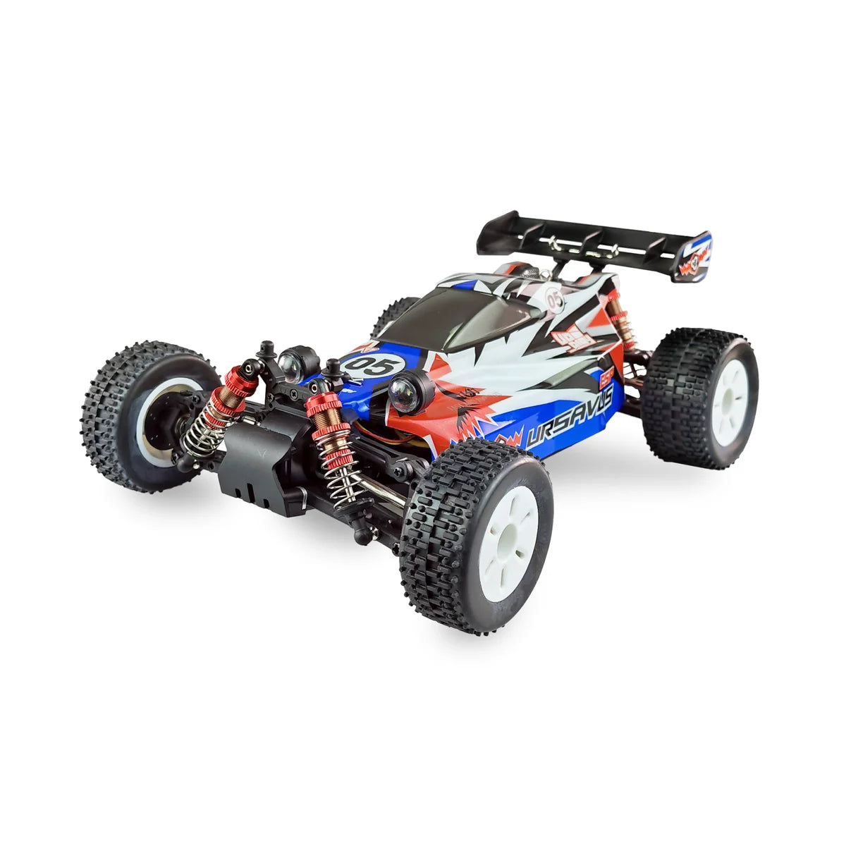 Amewi Ursavus Buggy brushed 4WD 22648 im Maßstab 1:18 Buggy RTR – Draufsicht mit roten Federbeinen und schwarzem Spoiler