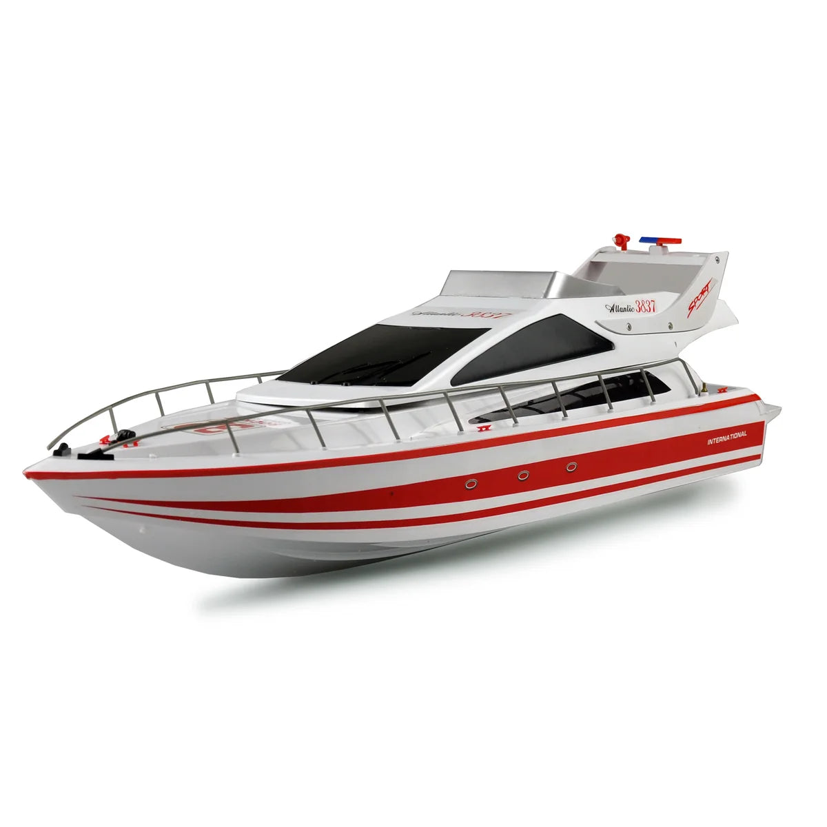 Amewi Yacht Atlantic 730mm 26005 Yacht RTR – Seitenansicht mit rot-weißer Lackierung und schwarzem Verdeck