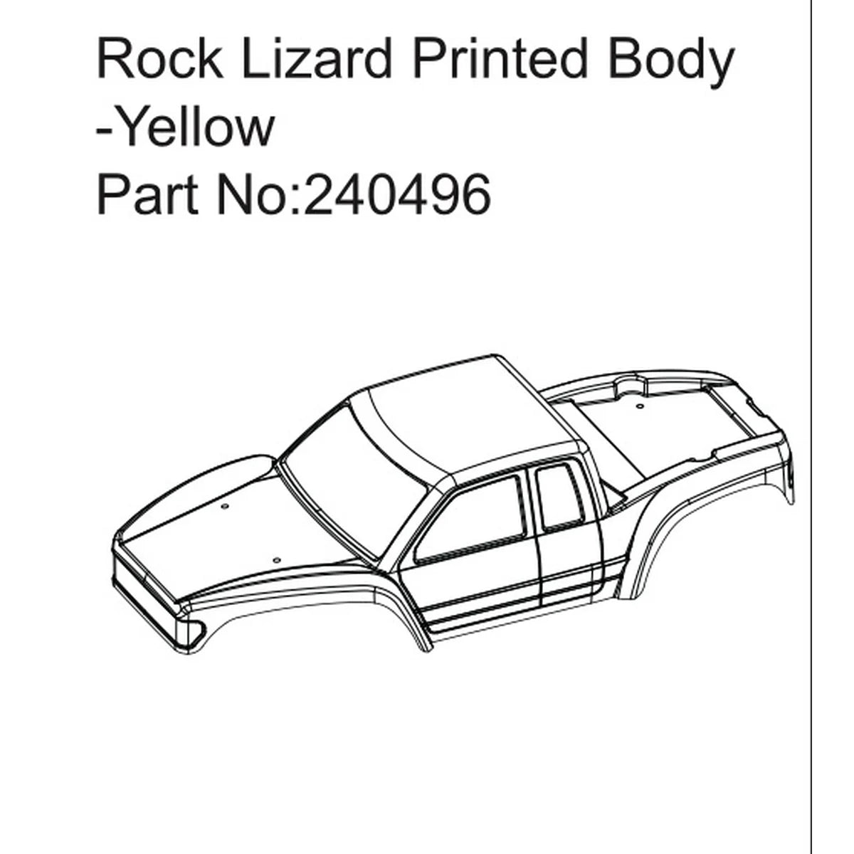 Hobby Plus Rock Lizard Printed Body Gelb HBP240496 Zubehör Crawler – Seitenansicht als Zeichnung, Pickup-Karosserie