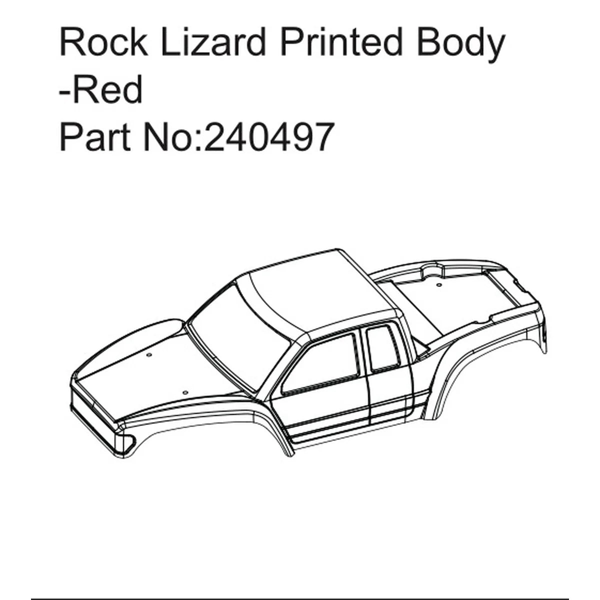 Hobby Plus Rock Lizard Printed Body Rot HBP240497 Zubehör Crawler – Seitenansicht als Zeichnung, Pickup-Karosserie
