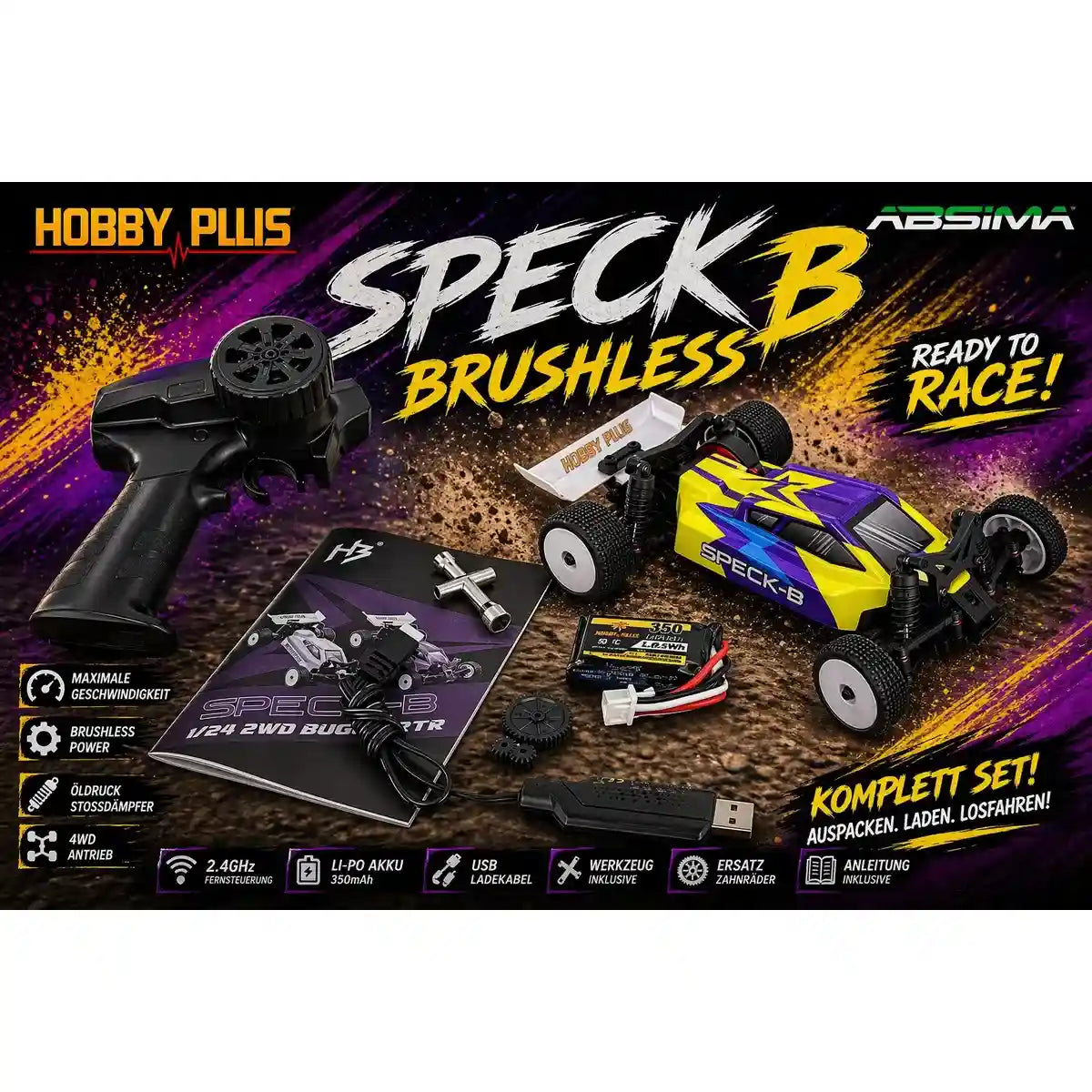 Hobby Plus Speck-B brushless Buggy 1:24 2WD RTR Gelb HBP2410260-YW – Set-Übersicht mit Fernsteuerung