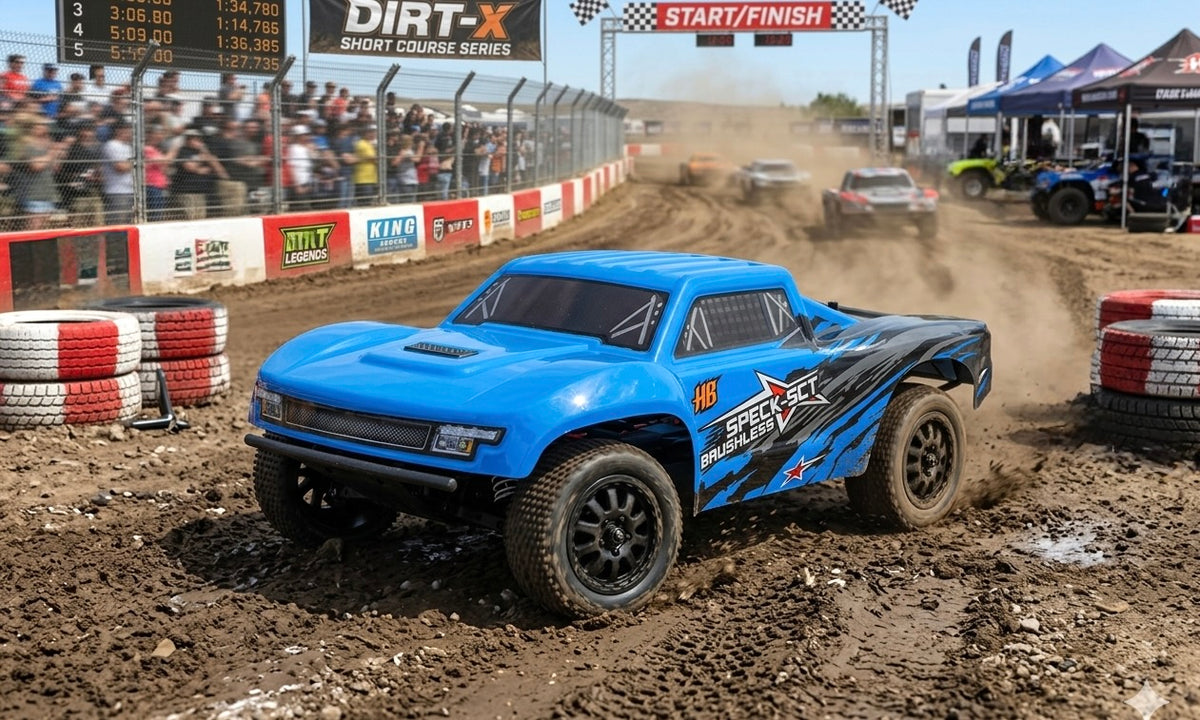 Hobby Plus Speck-SCT brushless Short Course Truck 1:24 2WD RTR Blau HBP2410280-BL – Actionbild auf der Rennstrecke