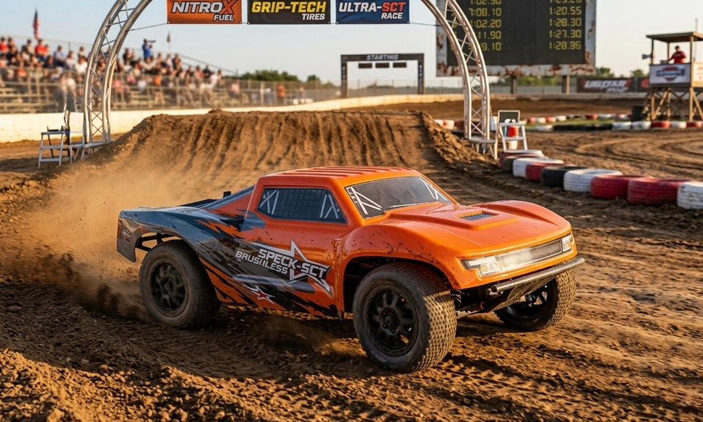 Hobby Plus Speck-SCT brushless Short Course Truck 1:24 2WD RTR Orange HBP2410280-OR – Actionbild auf der Rennstrecke
