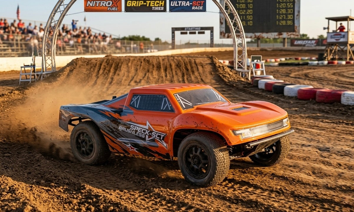 Hobby Plus Speck-SCT brushless Short Course Truck 1:24 2WD RTR Orange HBP2410280-OR – Actionbild auf der Rennstrecke
