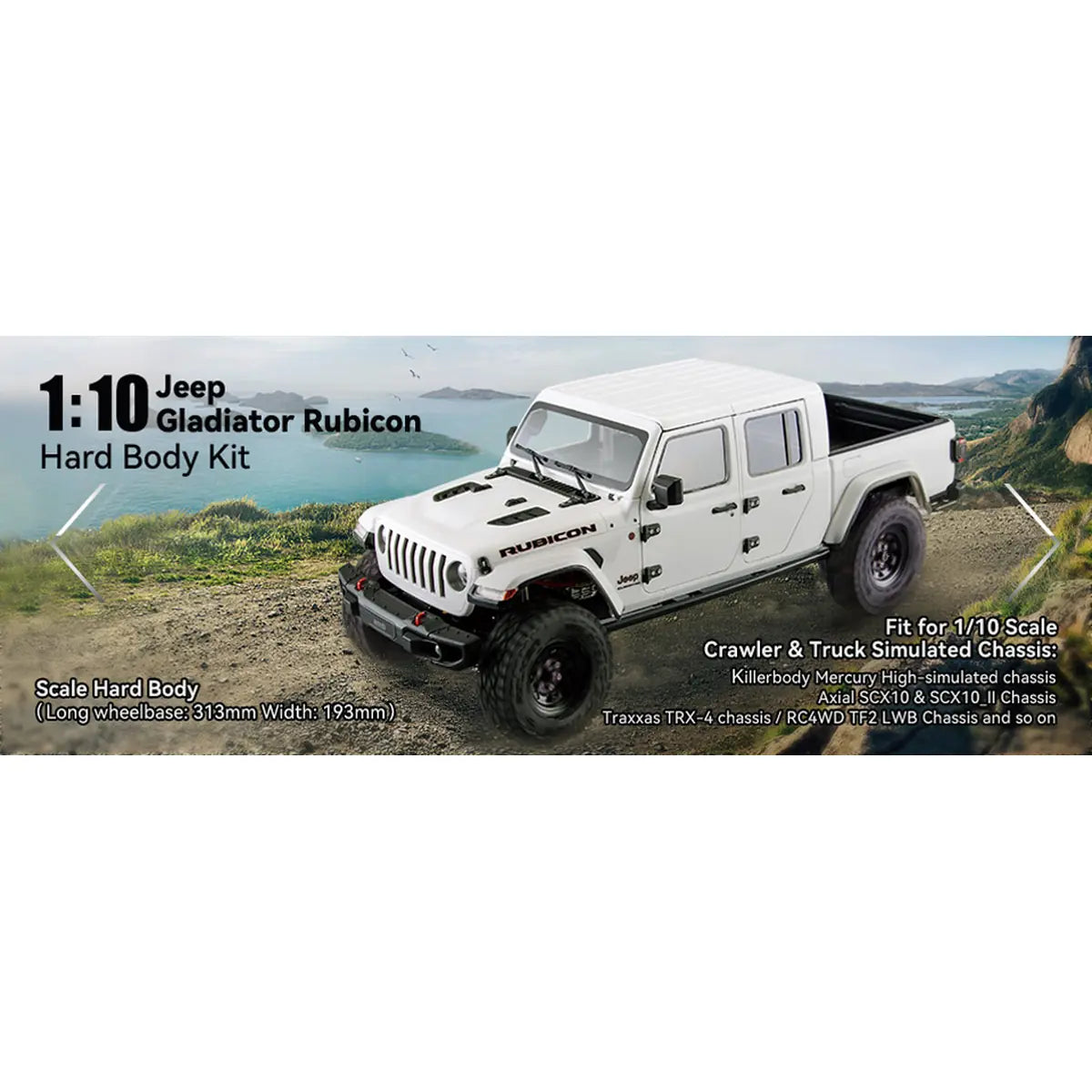 Killerbody Jeep Gladiator Hardbody-Karosserie - weiß DIY KB48765 im Maßstab 1:10 Crawler – Seitenansicht