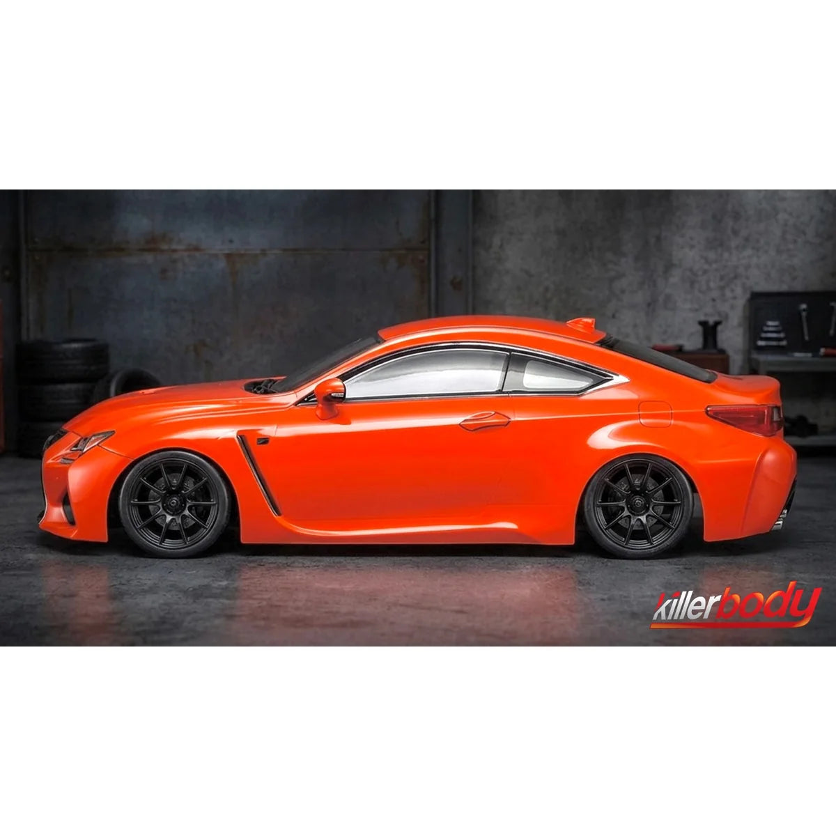 Killerbody LEXUS RC F Karosserie lackiert Orange KB48649 im Maßstab 1:10 Touring Car & Onroad – Seitenansicht