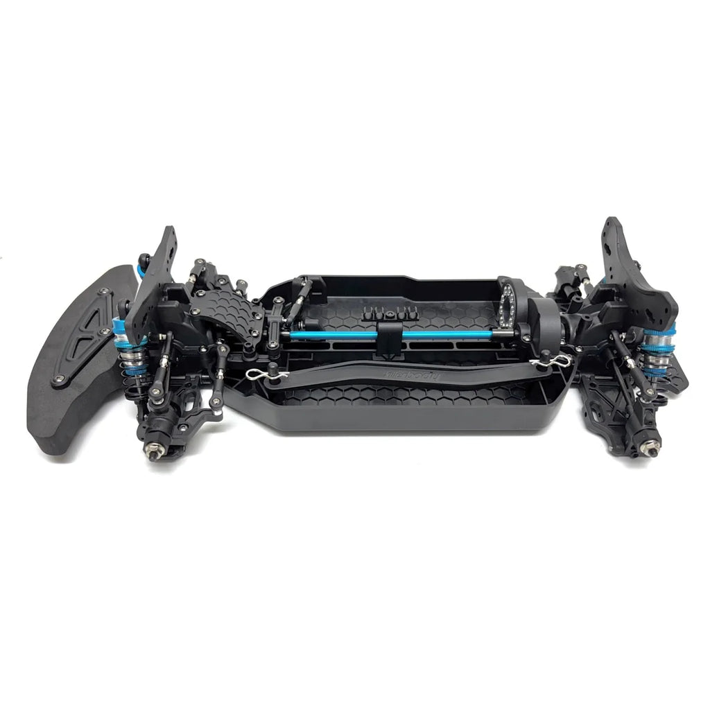 Killerbody MARS 4WD TC/Rally Chassis Bausatz KB48838 im Maßstab 1:10 Rally – Unteransicht mit Chassis, Achsen und Federbeinen