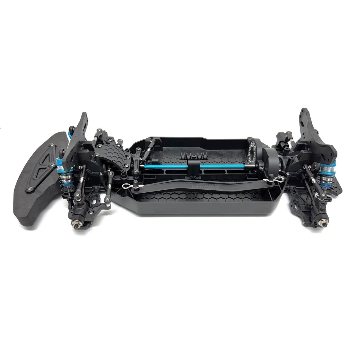 Killerbody MARS 4WD TC/Rally Chassis Bausatz KB48838 im Maßstab 1:10 Rally – Unteransicht mit Chassis, Achsen und Federbeinen