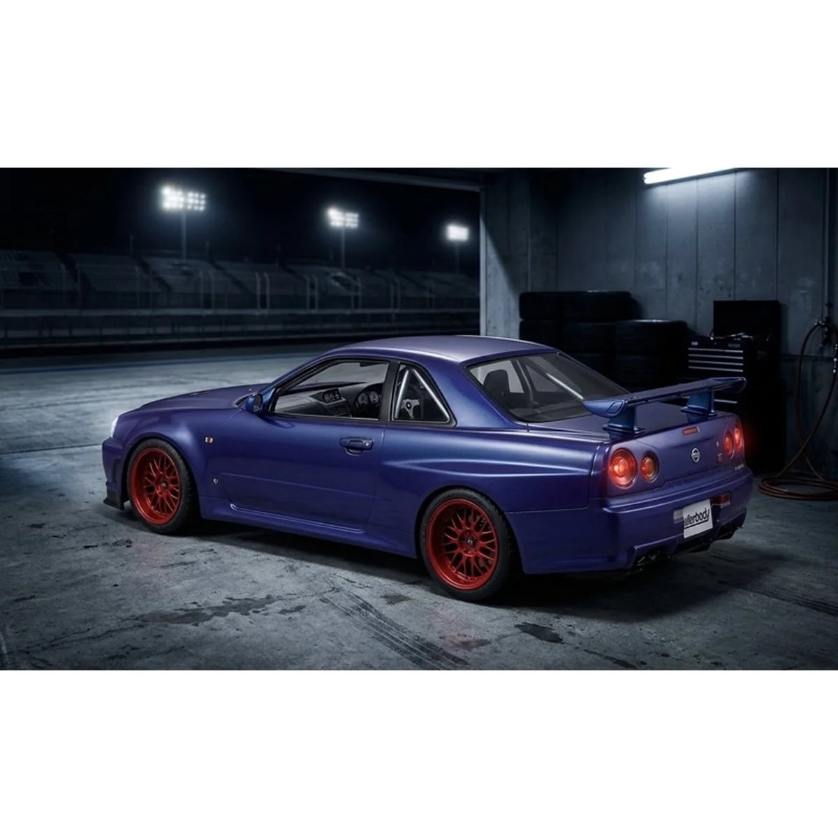 Killerbody Nissan Skyline BNR34 Karosserie lackiert Metallic-blau KB48716 im Maßstab 1:10 Touring Car & Onroad – Seitenansicht