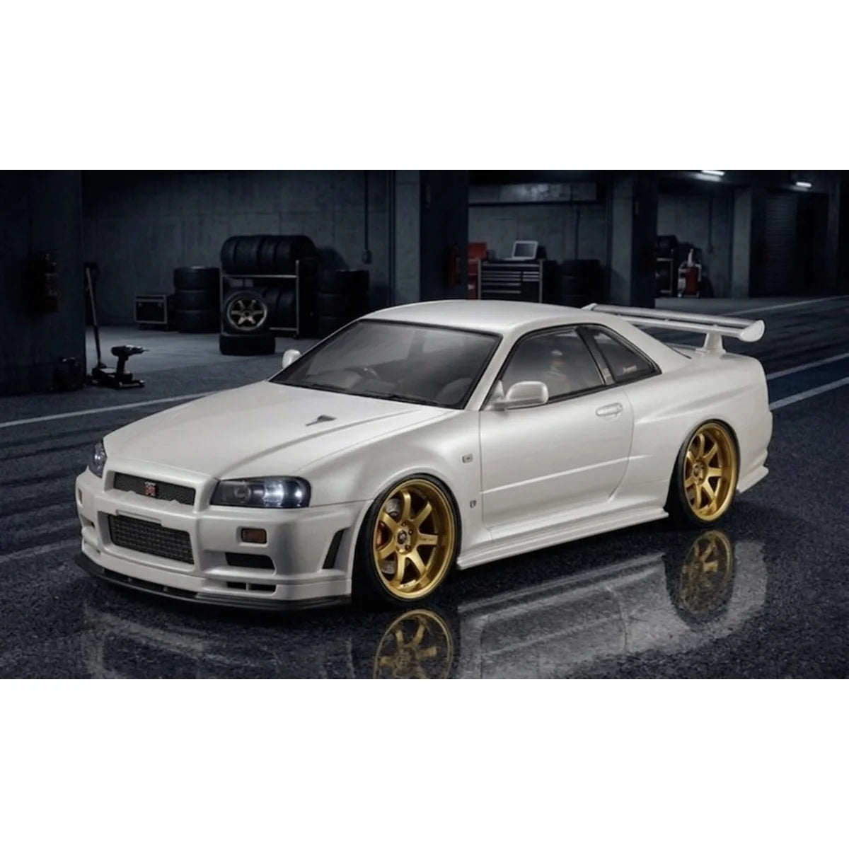 Killerbody Nissan Skyline BNR34 Karosserie lackiert Perlweiß KB48644 im Maßstab 1:10 Touring Car & Onroad – Seitenansicht